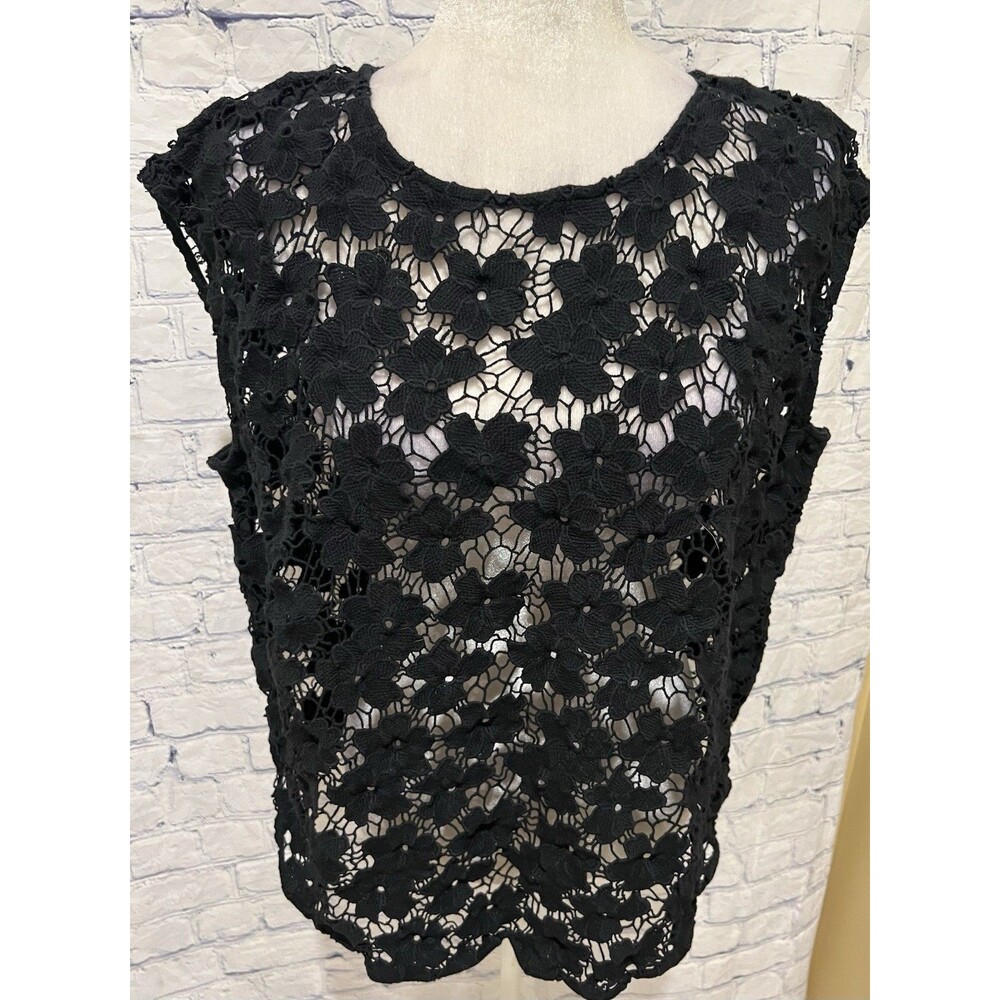 Talbots Lace Short Sleeve Black Blouse Oversized Sheer Cap Sleeve Size Medium